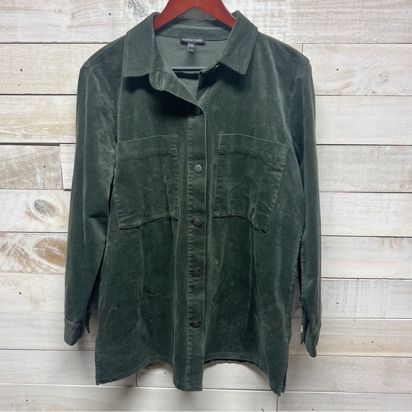 Eileen Fisher Organic Cotton Corduroy Shirt Jacket Womens Medium Olive Green - Picture 2 of 11